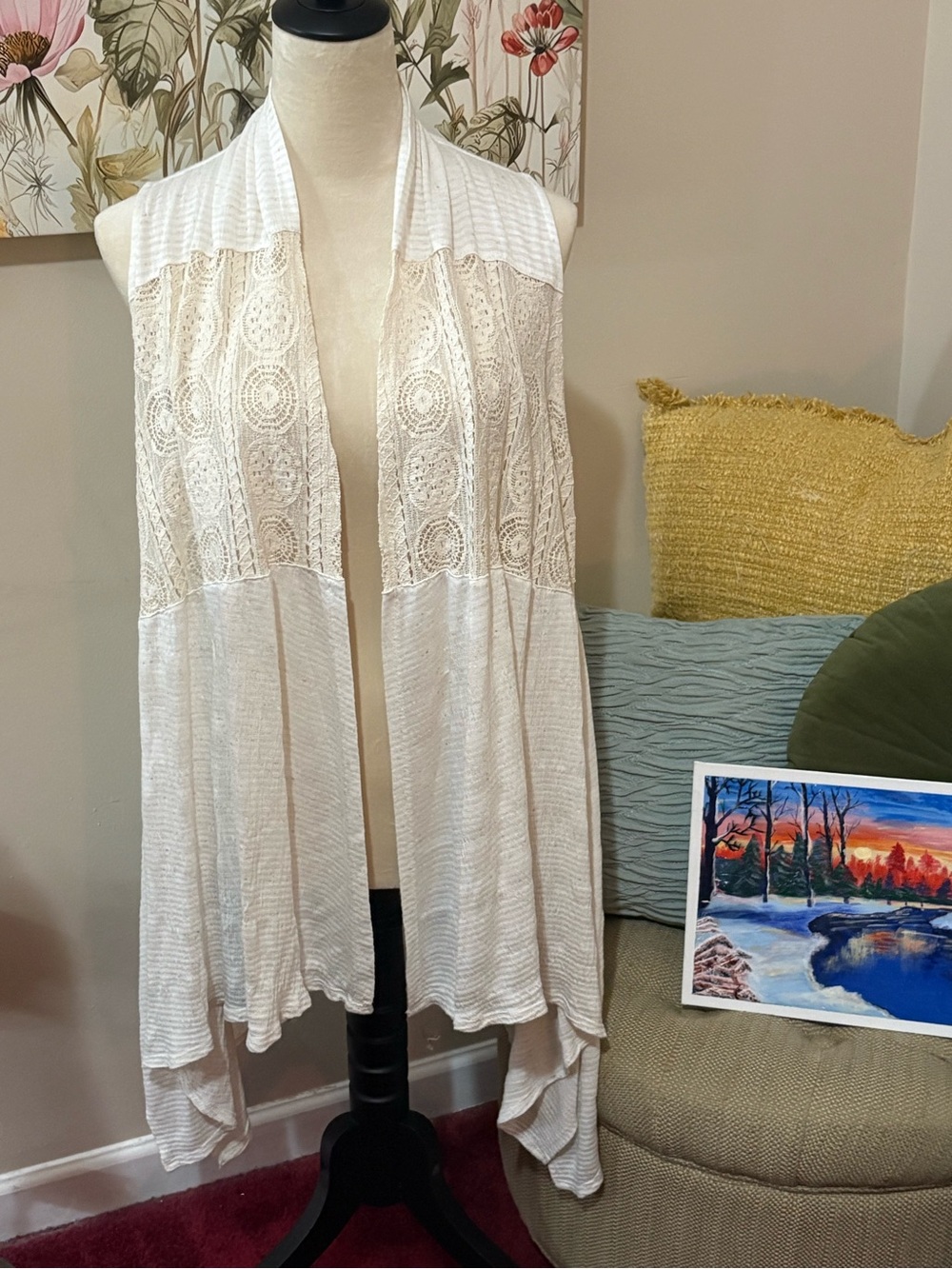 Lightweight Cream Lace-Panel Open Front Vest